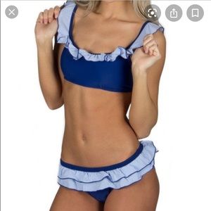 NWT Lauren James blue ruffle seersucker bikini